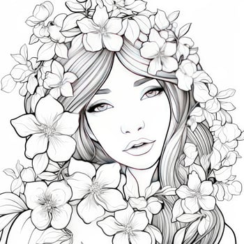 AI generated A girl on a coloring book page with Jasmine flowers. AI Generated photo