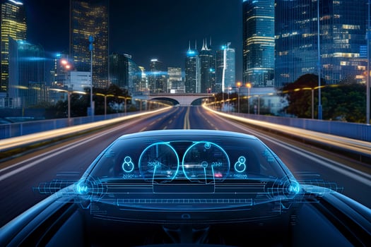 AI generated Modern smart car technology intelligent system using Heads up display HUD Autonomous self driving mode vehicle on city road with graphic sensor radar signal system intelligent car. photo