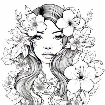 AI generated A girl on a coloring book page with Jasmine flowers. AI Generated photo