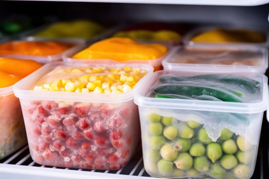 AI generated Frozen food in the freezer. Frozen vegetables. AI Generated photo