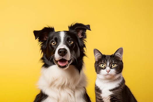 AI generated Cat and dog together with happy expressions on yellow background. AI Generated photo