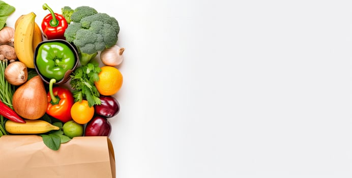 AI generated Healthy food in paper bag vegetables and fruits on white background. AI Generated photo