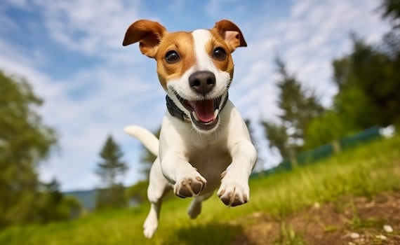 AI generated Jack Russel Parson Dog Run Toward The Camera Low Angle High Speed Shot. AI Generated photo