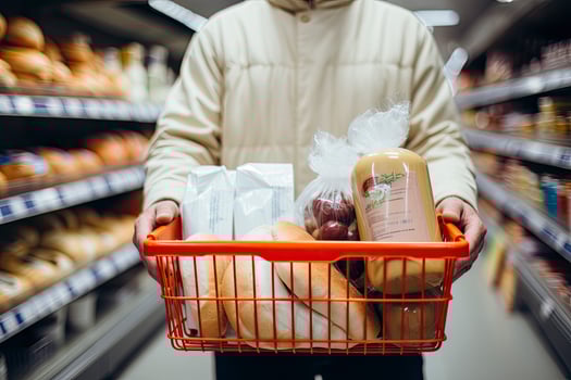 AI generated Man holding shopping basket with bread and milk groceries in supermarket. AI Generated photo
