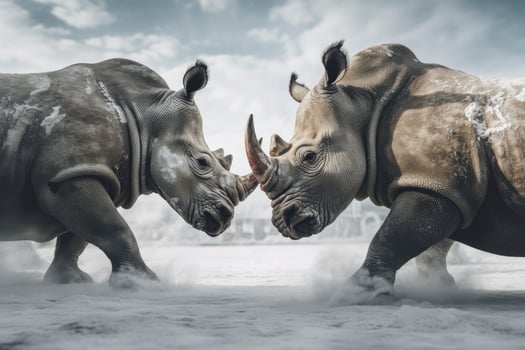 AI generated Two Rhinoceros getting ready for fight on Ice. AI Generated photo