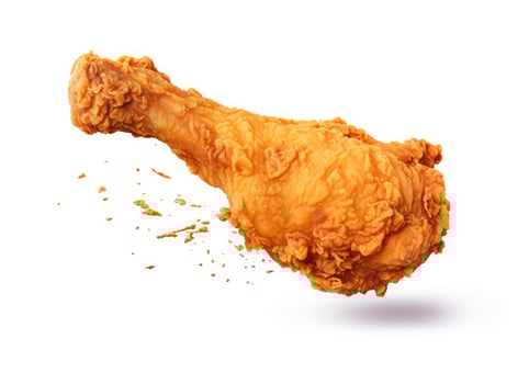 AI generated Fried chicken leg falling in the air isolated on a white background. AI Generated. photo