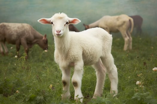 AI generated White lamb in a field in front of other animals. Generative AI photo