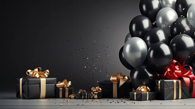 AI generated Black Friday sale banner with ballon and gift box space for text. AI Generated photo