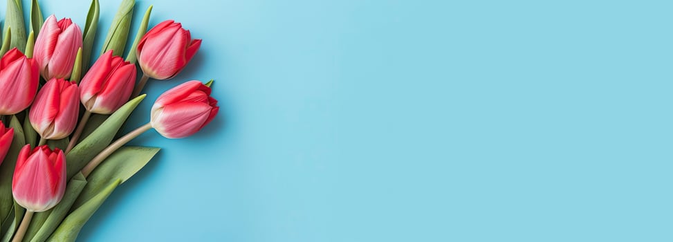 AI generated Bouquet of red tulip on blue Background. Top view with copy space.  AI Generated photo