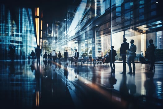 AI Generated Blurred business people walking at modern office. generative ai photo