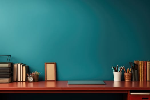 AI Generated Front view Office desk with office tools, computer laptop on wood table background with copy space. Generative AI photo