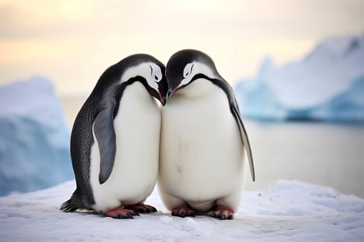 AI generated Two Penguins Nuzzle In Snowy and Icy Backdrop. Showing Sentiments Of Love, Care, and Support. Ideal For Wildlife, Valentines Day, and Romantic Heartwarming Content. AI Generated photo