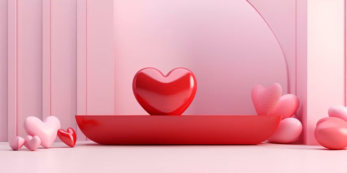 AI generated 3d render of a pink background with a heart and a podium for valentine day love concept photo