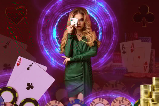 Blonde girl in green dress has covered her eye by two aces, posing on colorful background with neon circles, cards, chips. Poker, casino. Close-up photo