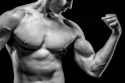Image of very muscular man posing with naked torso photo