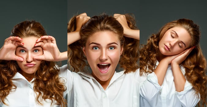 Portrait playful young brunette woman with wavy hair photo