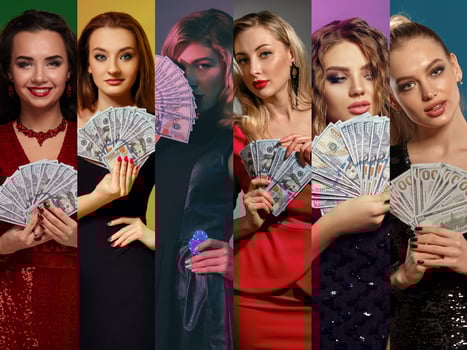 Collage of women in stylish dresses, jewelry. Smiling, showing fans of hundred dollar bills, posing on colorful backgrounds. Poker, casino. Close-up photo