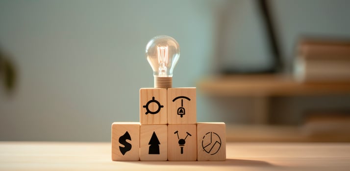 AI generated Creative idea, solution and innovation concept. Idea generation for business development. Wooden cube blocks with light bulb and cycle icons on clean background and copy space. photo