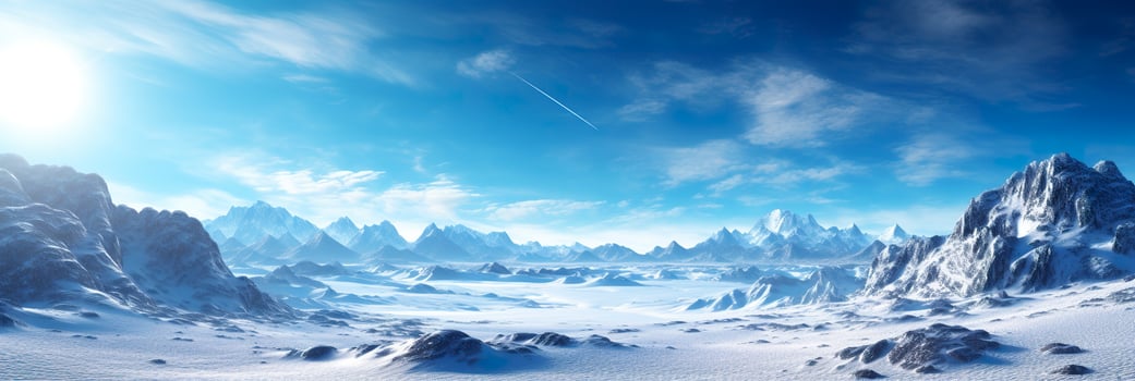 AI generated vast desolated snow land, big mountains in the background, snowfall with light blue sky and light blue colors, peaceful atmosphere,  AI Generative photo