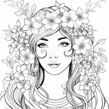 AI generated A girl on a coloring book page with Jasmine flowers. AI Generated photo