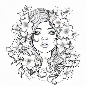 AI generated A girl on a coloring book page with Jasmine flowers. AI Generated photo