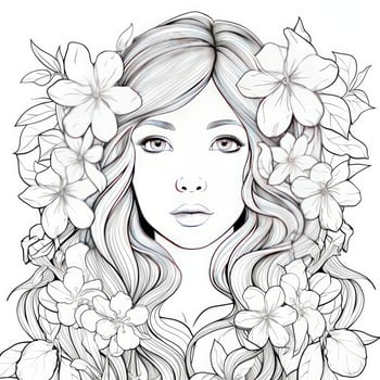 AI generated A girl on a coloring book page with Jasmine flowers. AI Generated photo