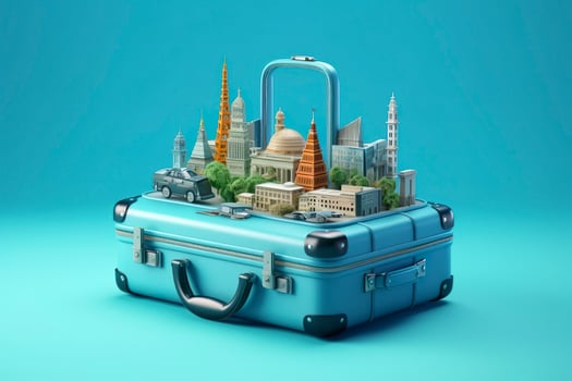 AI generated Blue suitcase full of landmarks and travel accessories on blue background. Generative AI photo