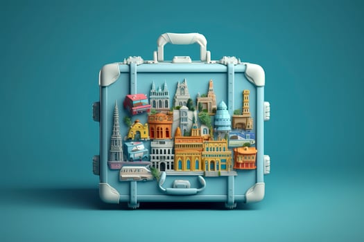 AI generated Blue suitcase full of landmarks and travel accessories on blue background. Generative AI photo