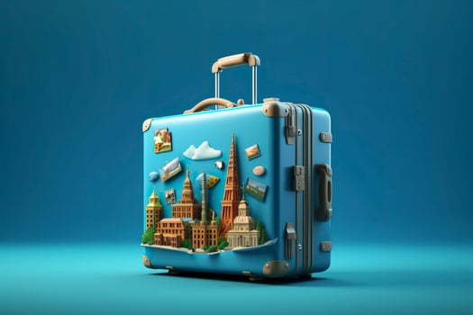 AI generated Blue suitcase full of landmarks and travel accessories on blue background. Generative AI photo