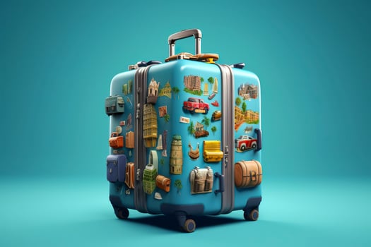 AI generated Blue suitcase full of landmarks and travel accessories on blue background. Generative AI photo