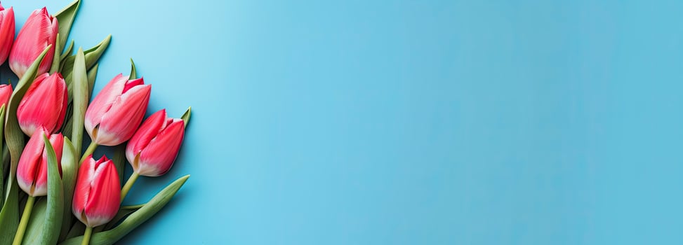 AI generated Bouquet of red tulip on blue Background. Top view with copy space. photo