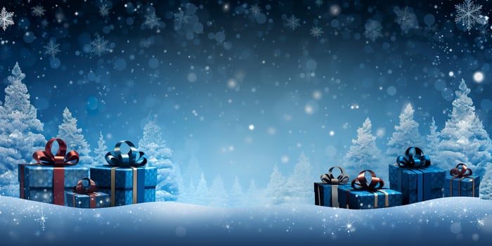AI generated Merry Christmas and new year, gift boxes bokeh background. Christmas gifts background. AI Generated photo