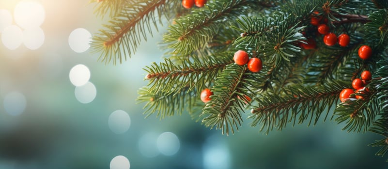 AI generated Close up view of a Christmas tree branches on a natural bokeh background. photo