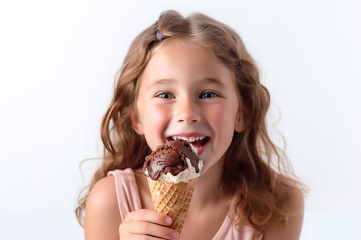 AI generated A happy young caucasian girl holding ice cream cone. Generative AI. photo