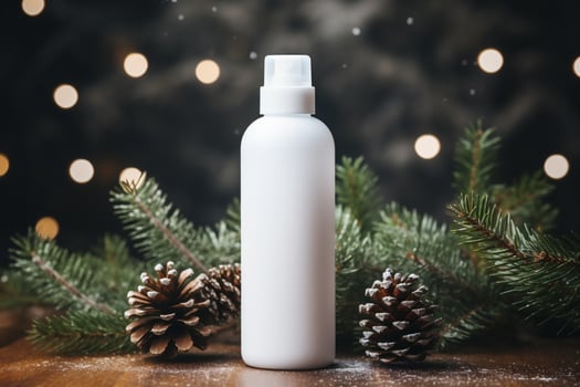 AI generated Cosmetic bottle mockup on white table with christmas tree and bokeh background. photo
