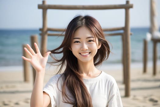 AI generated asian woman waving at the beach photo