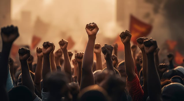 AI generated Political protest with protesters hands. Strike, revolution, conflict vector background. Illustration strike political protester and demonstration photo