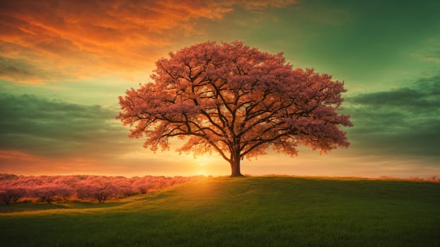 AI generated Envision a magical moment during sunrise green tree nature background. photo