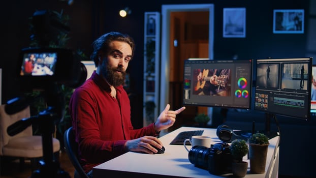 Professional camera equipment used by videographer to teach internet viewers to create visual effects for video projects. Recording gear used by expert filming online tutorial about editing footage photo