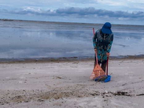 someone who is carrying out rubbish cleaning activities around the beach, green earth, coastal cleanup day photo
