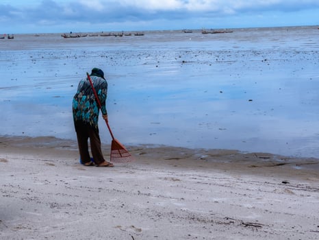 someone who is carrying out rubbish cleaning activities around the beach, green earth, coastal cleanup day photo
