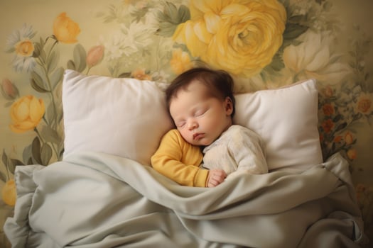 AI generated Newborn baby sleeping in a bed with a yellow blanket on a floral background, A newborn baby sleeping on a white bed, AI Generated photo