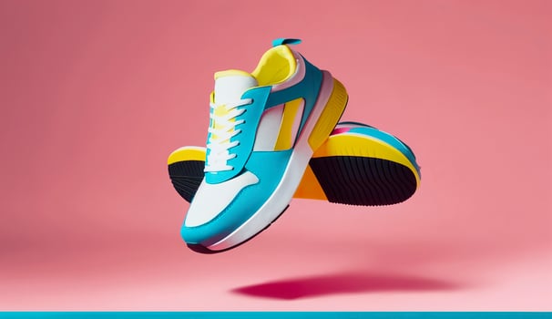 AI generated Flying trendy sneakers on creative colorful background, Stylish fashionable concept. AI Generated photo