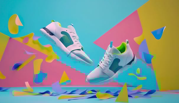 AI generated Flying trendy sneakers on creative colorful background, Stylish fashionable concept. AI Generated photo