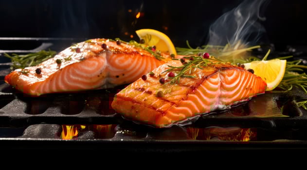 AI generated Gourmet cutlet of fresh salmon seasoned with herbs, spices, and lemon zest grilling on a griddle. AI Generated. photo