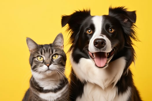 AI generated Cat and dog together with happy expressions. AI Generated photo