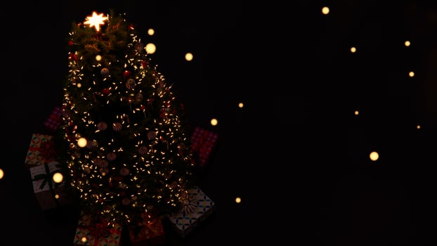 3d artwork ,christmas tree decoration with light, glass ball and red ornaments on background bokeh of side flickering light bulbs garlands for family winter holiday. 8k resolution photo