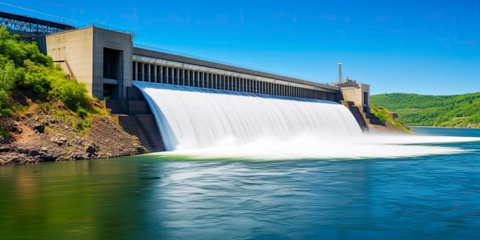 AI generated Hydroelectric dam generating green energy from flowing water.   AI Generated. photo
