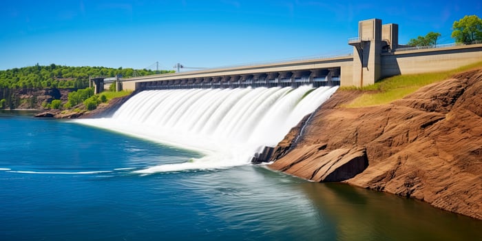 AI generated Hydroelectric dam generating green energy from flowing water.   AI Generated. photo