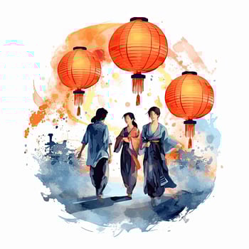 AI generated Lantern Festival in watercolor style. T-shirt Design. AI Generated photo